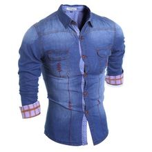 Camisa dos homens 2015 moda masculina cor sólida camisa de brim Pocket Casual cultivar camisa de man